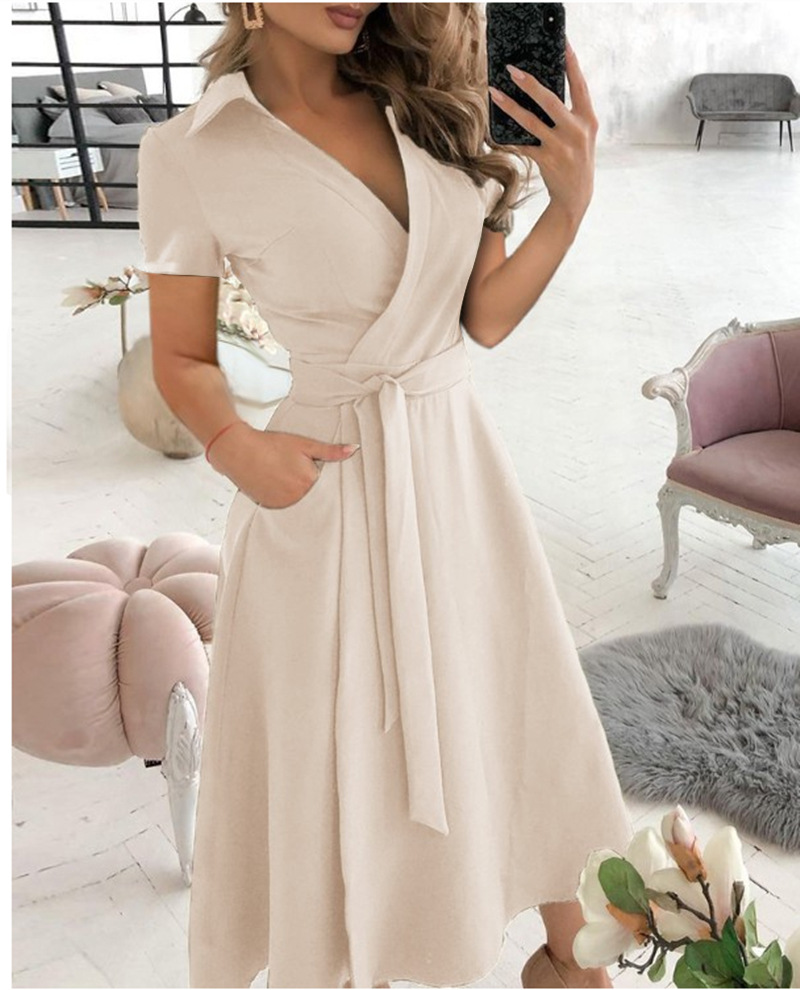 Wrap Dress Work - Gaun Midi Wanita Lengan Pendek Model