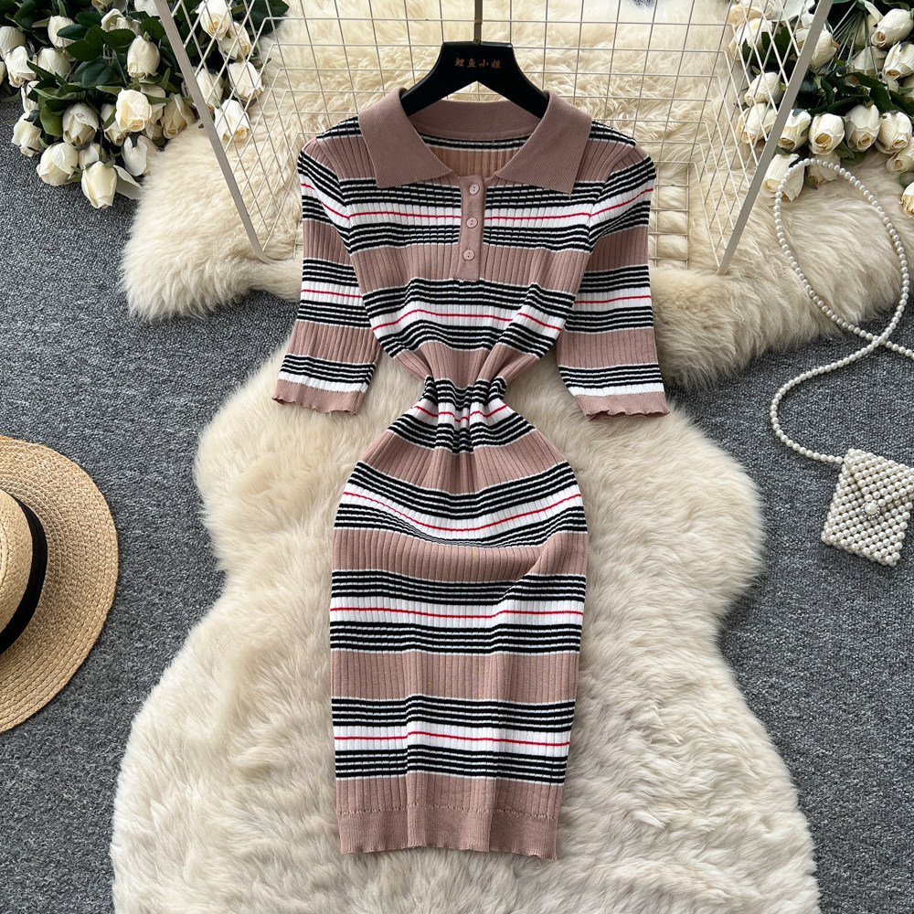 Wrap Dress Work - Gaun Panjang Sedang Wanita Bergaris Vestidos