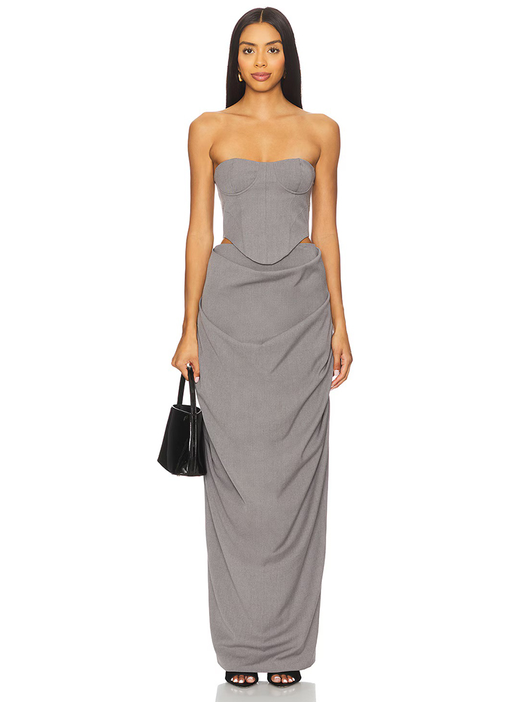 Female Formal Wear - Set Gaun Korset Off Shoulder Abu-abu