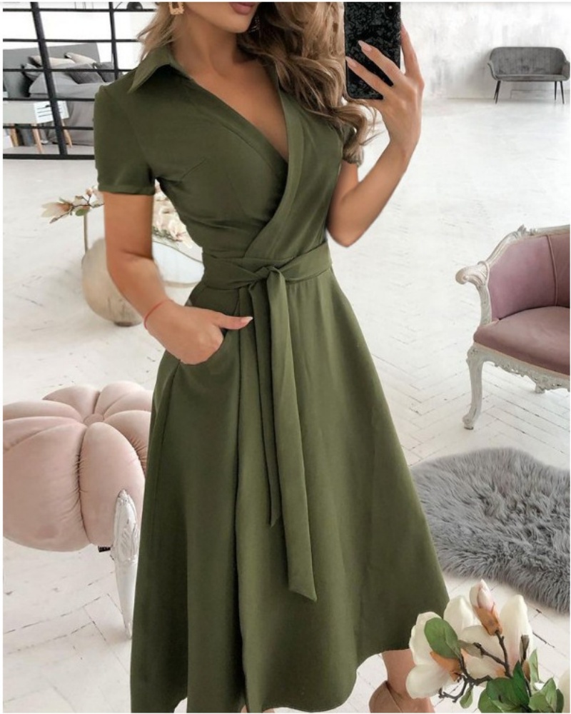 Gaun Midi Wanita Lengan Pendek - Wrap Dress Work ulasan dan harga
