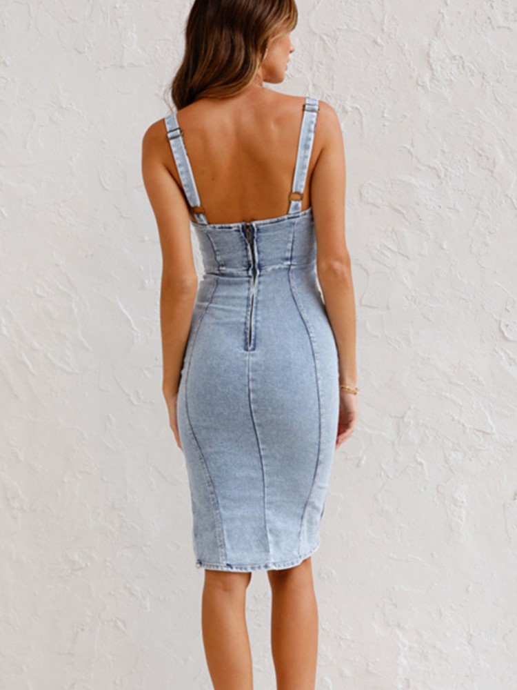 Gaun Denim Halter leher U untu - Wrap Dress Work ulasan dan harga