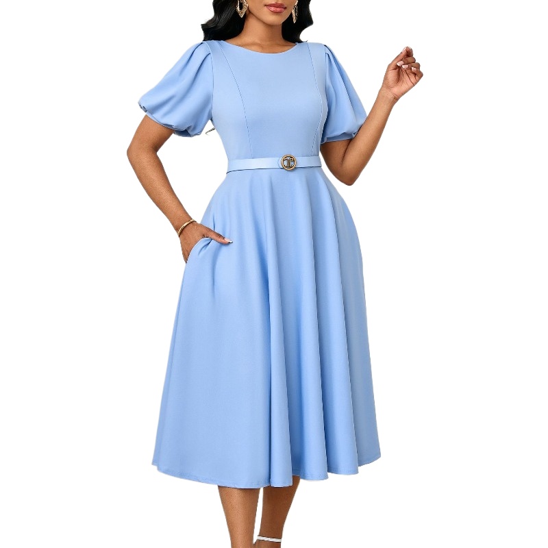 Gaun Biru A-line Pinggang Bung - Wrap Dress Work ulasan dan harga